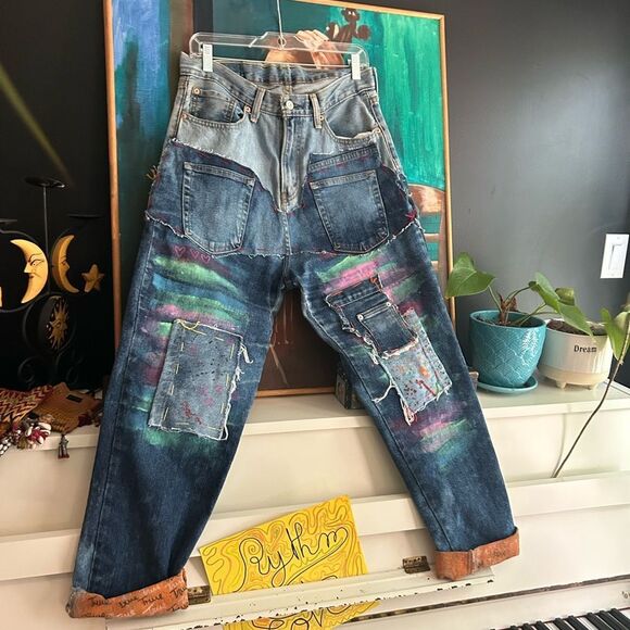 Upcycled Frayed Patchwork Jeans 33" Waist Handmade Streetwear Pants Painted - Picture 5 of 16